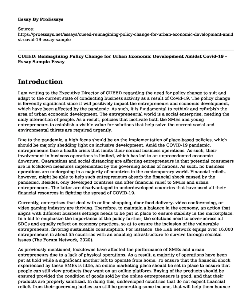 CUEED: Reimagining Policy Change for Urban Economic Development Amidst Covid-19 - Essay Sample