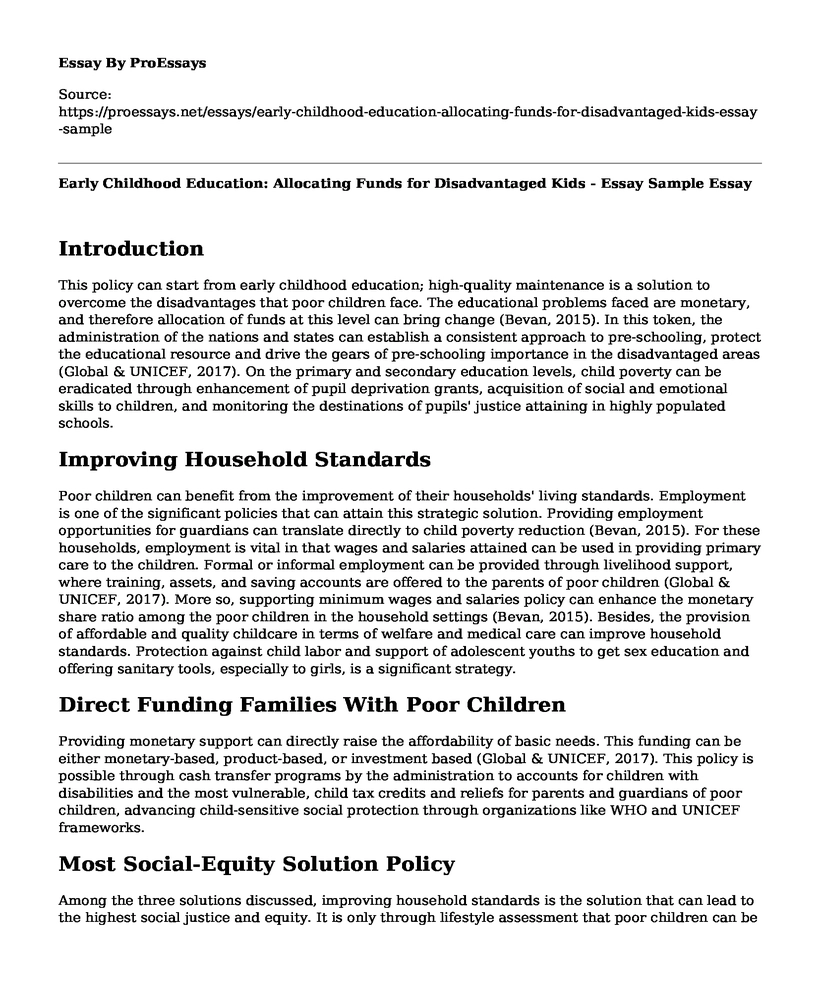 Early Childhood Education: Allocating Funds for Disadvantaged Kids - Essay Sample