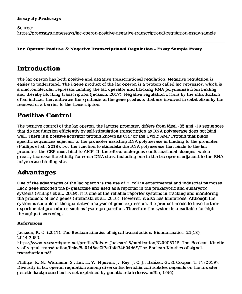 Lac Operon: Positive & Negative Transcriptional Regulation - Essay Sample