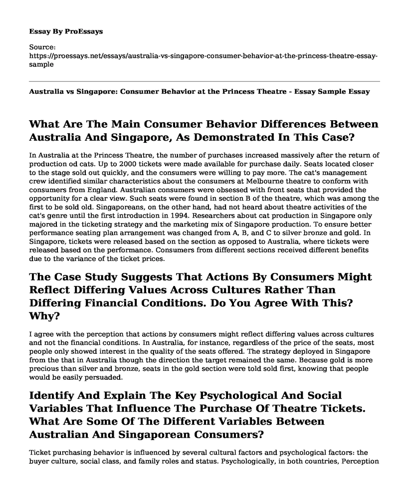 Australia vs Singapore: Consumer Behavior at the Princess Theatre - Essay Sample