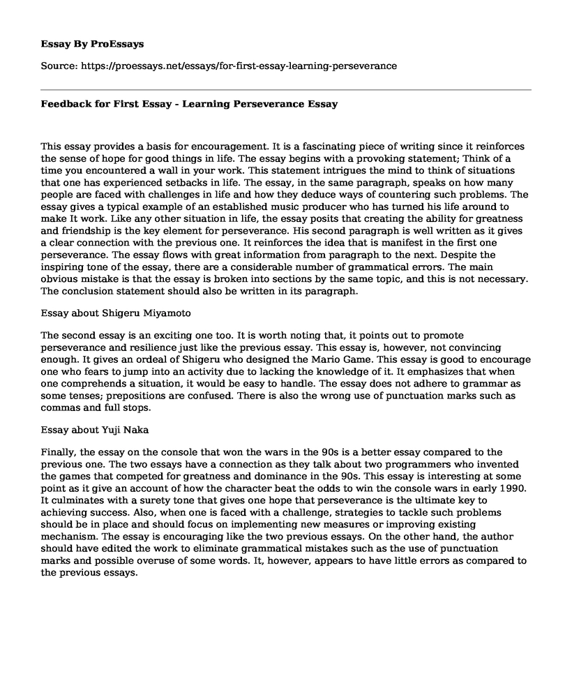 Feedback for First Essay - Learning Perseverance