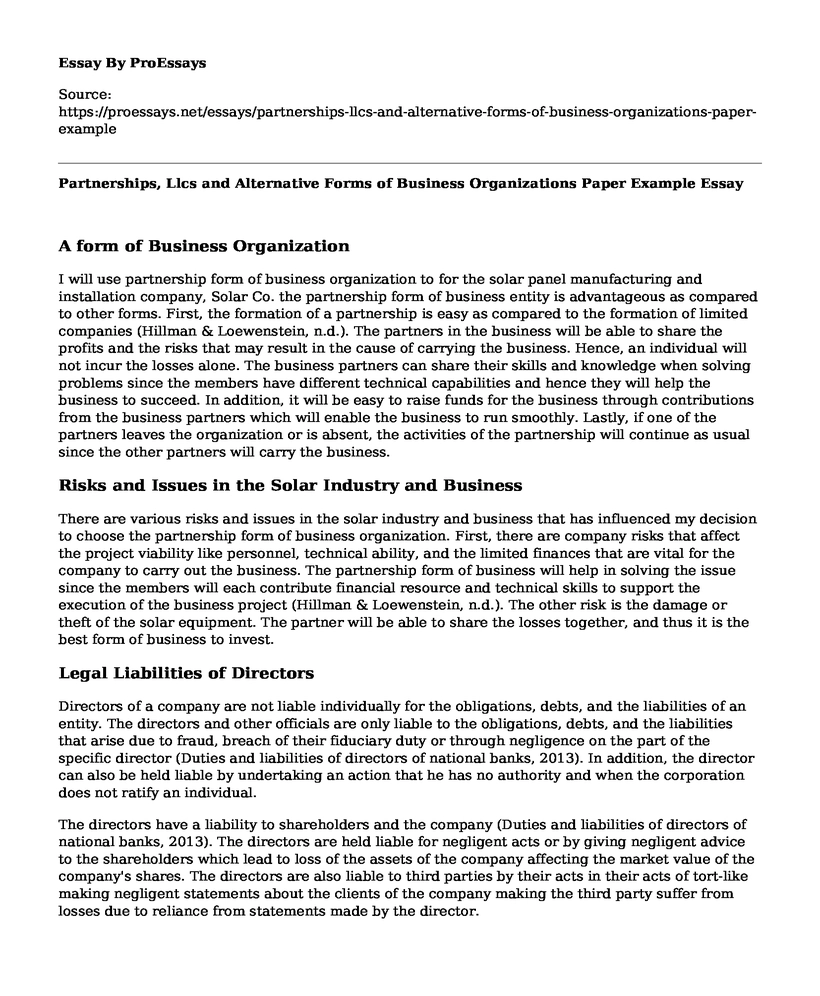 Partnerships, Llcs and Alternative Forms of Business Organizations Paper Example