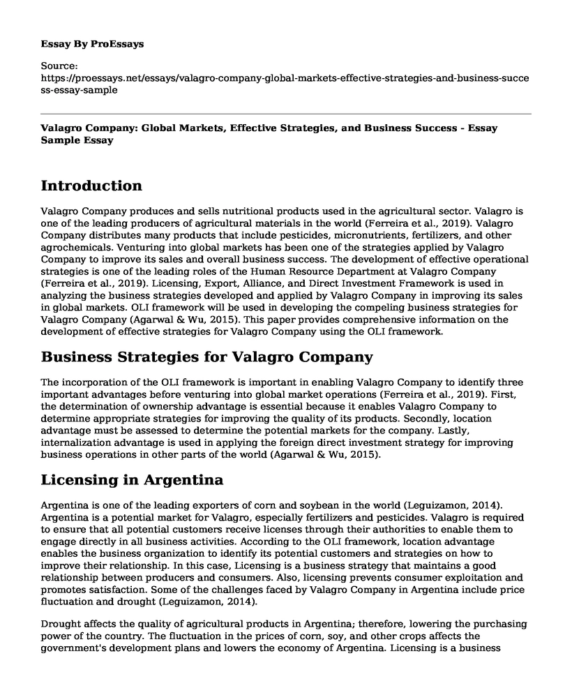 Valagro Company: Global Markets, Effective Strategies, and Business Success - Essay Sample