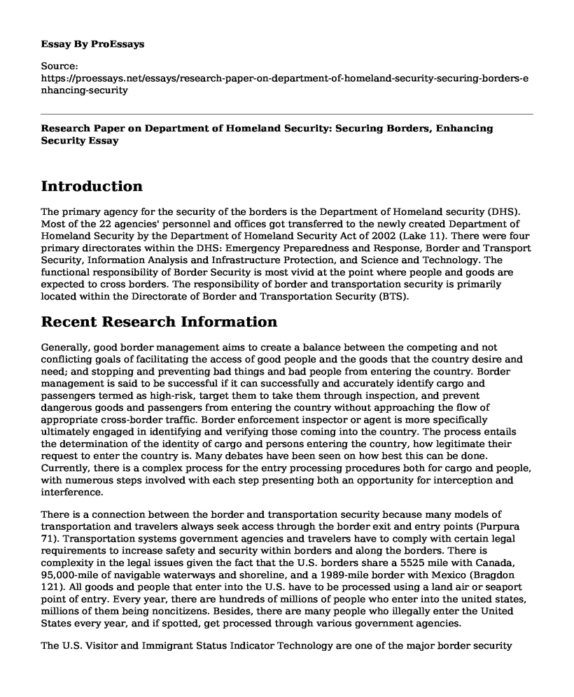 Research Paper on Department of Homeland Security: Securing Borders, Enhancing Security