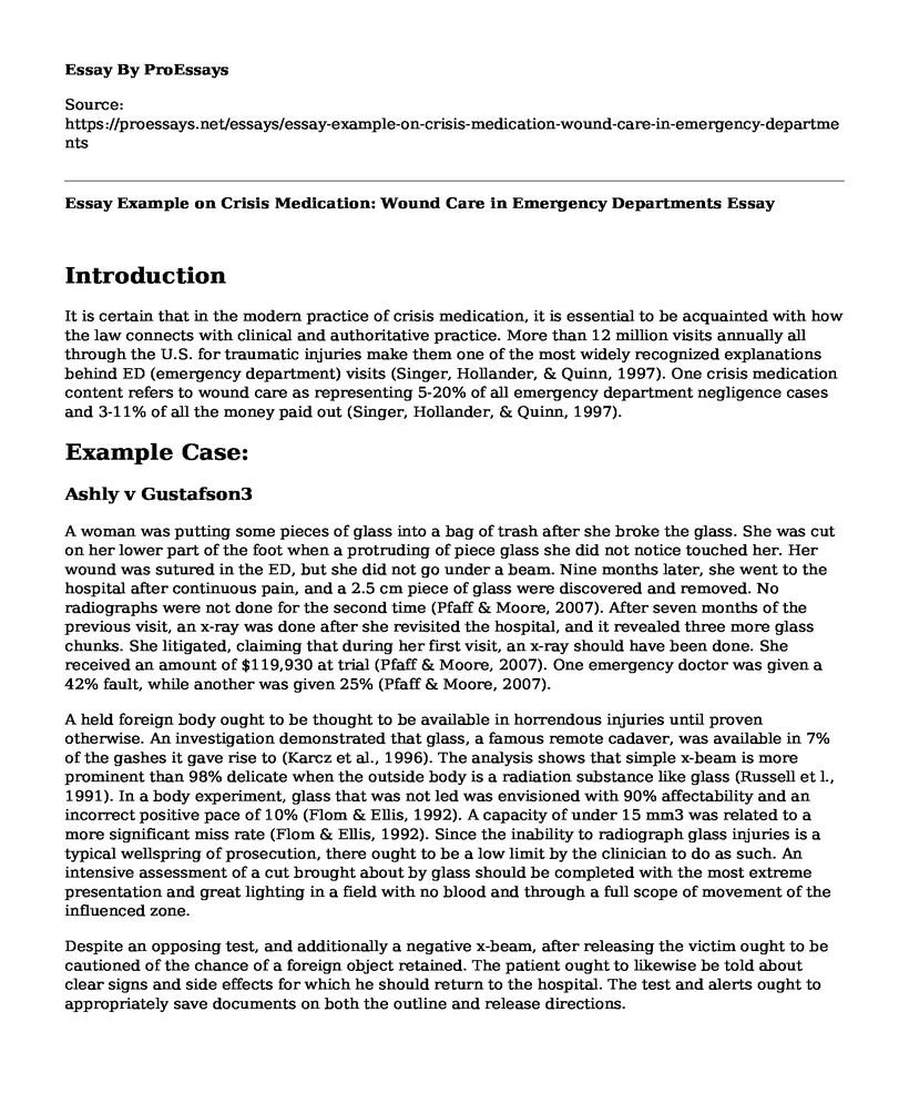 Essay Example on Crisis Medication: Wound Care in Emergency Departments