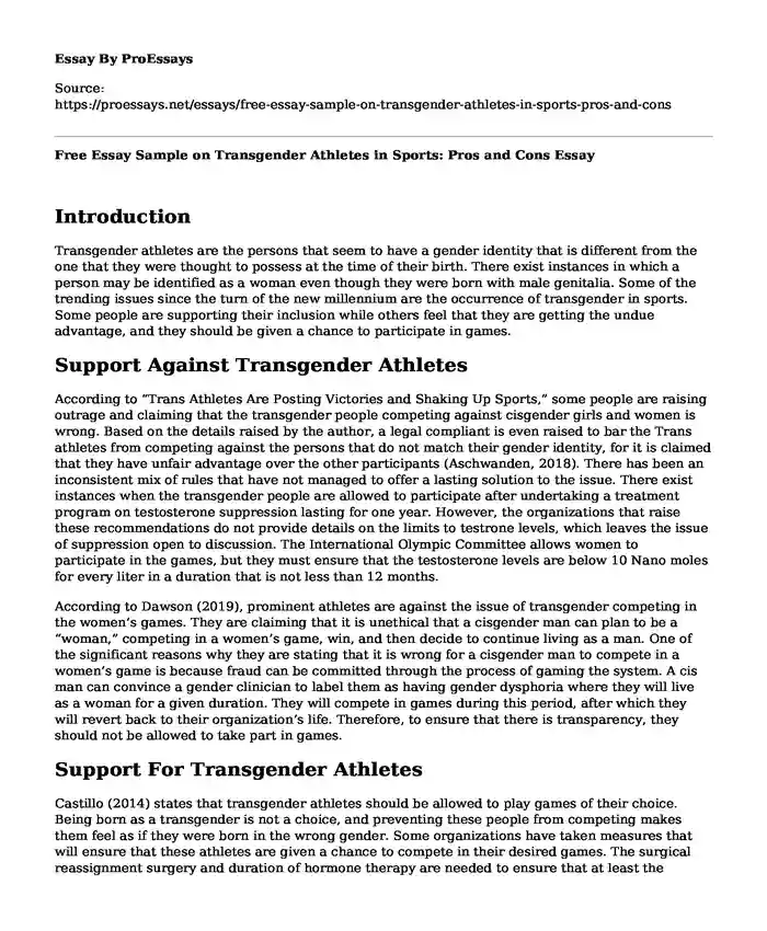 Free Essay Sample on Transgender Athletes in Sports: Pros and Cons