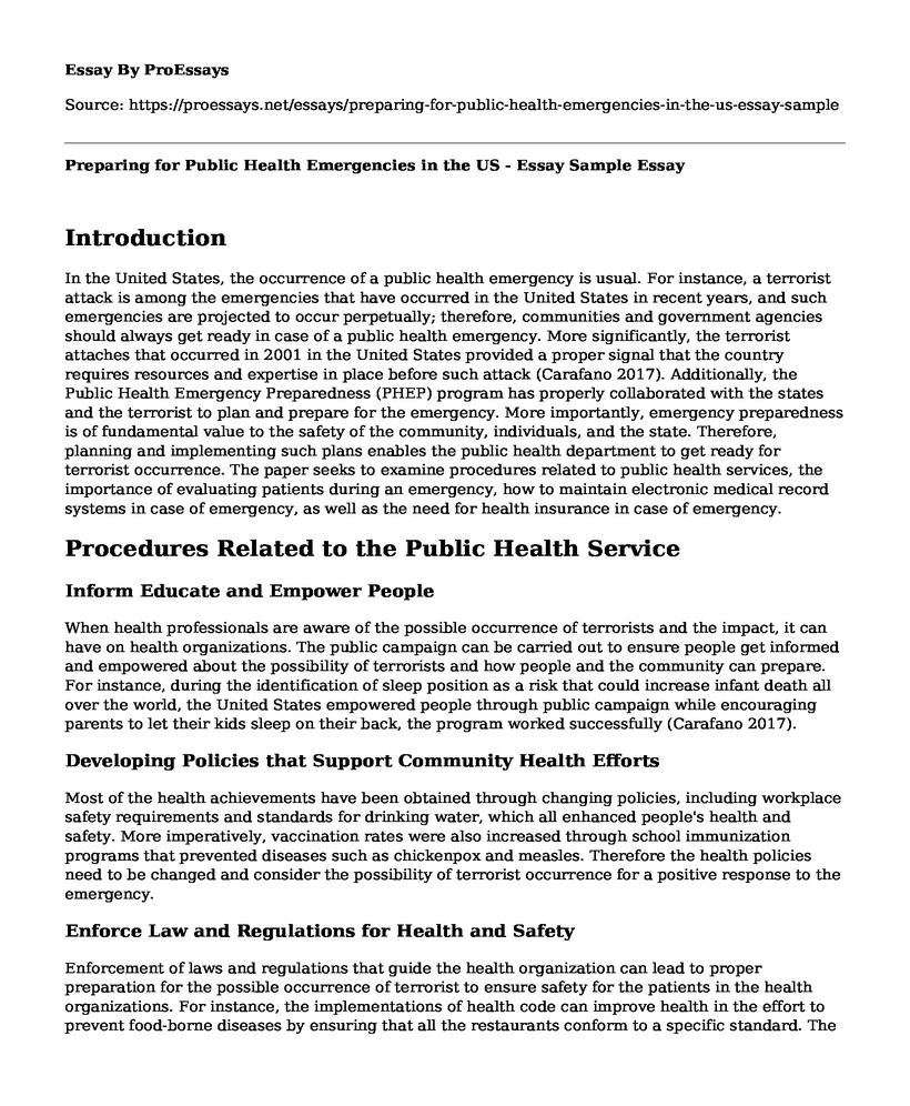 Preparing for Public Health Emergencies in the US - Essay Sample