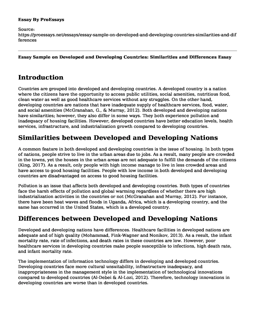 Essay Sample on Developed and Developing Countries: Similarities and Differences