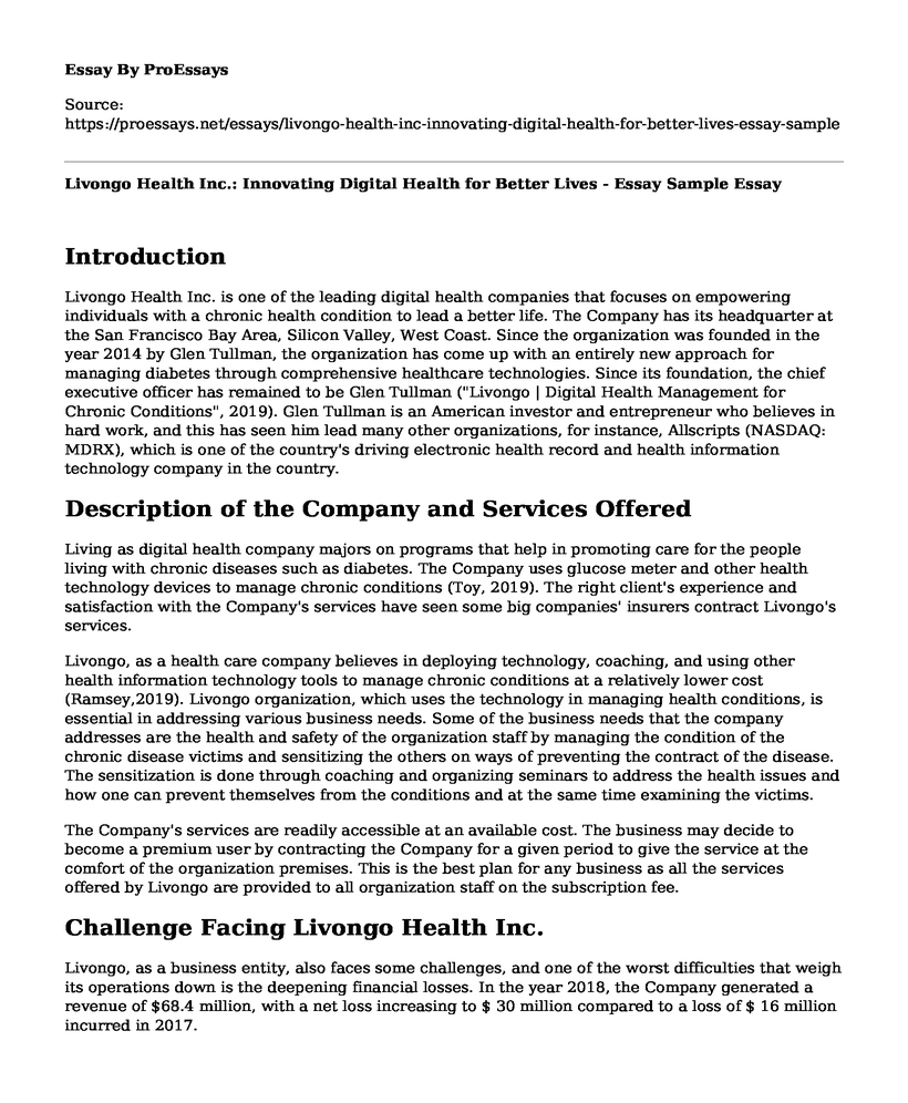 Livongo Health Inc.: Innovating Digital Health for Better Lives - Essay Sample