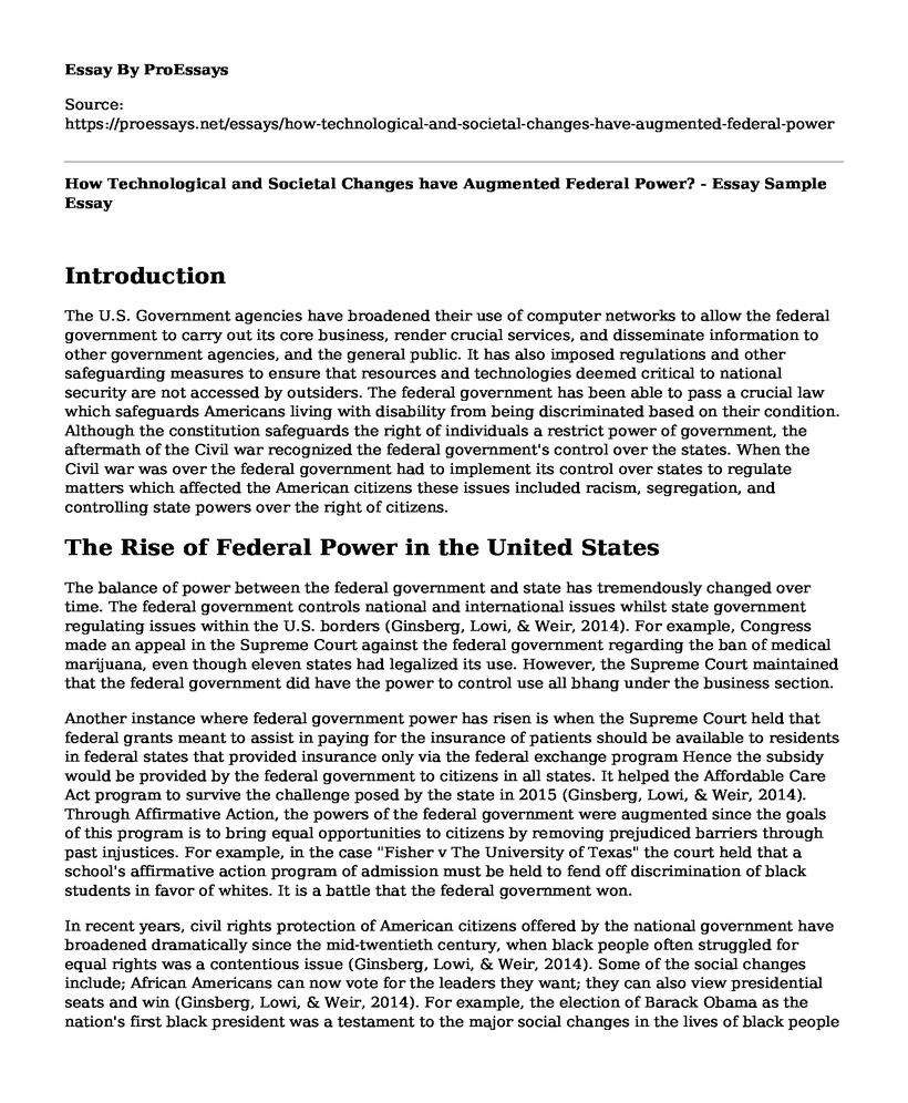 How Technological and Societal Changes have Augmented Federal Power? - Essay Sample
