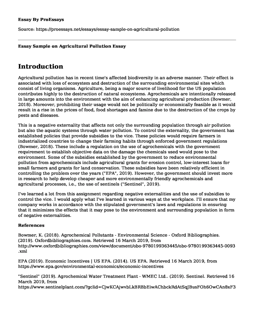 Essay Sample on Agricultural Pollution