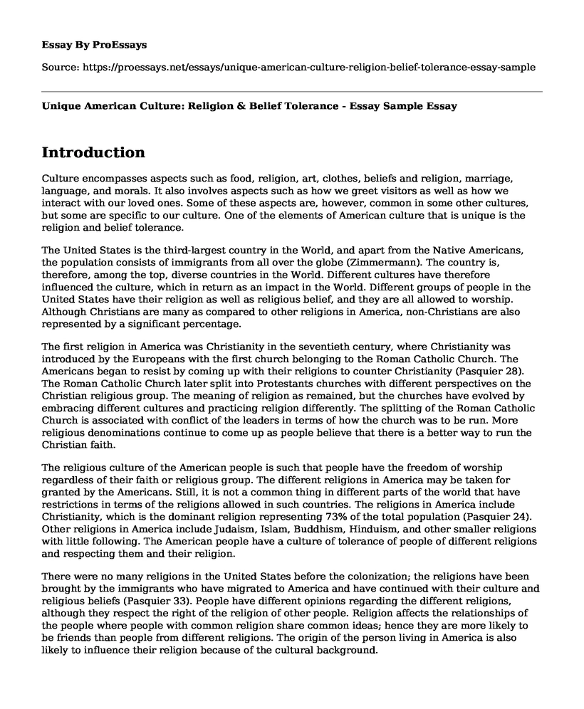 Unique American Culture: Religion & Belief Tolerance - Essay Sample