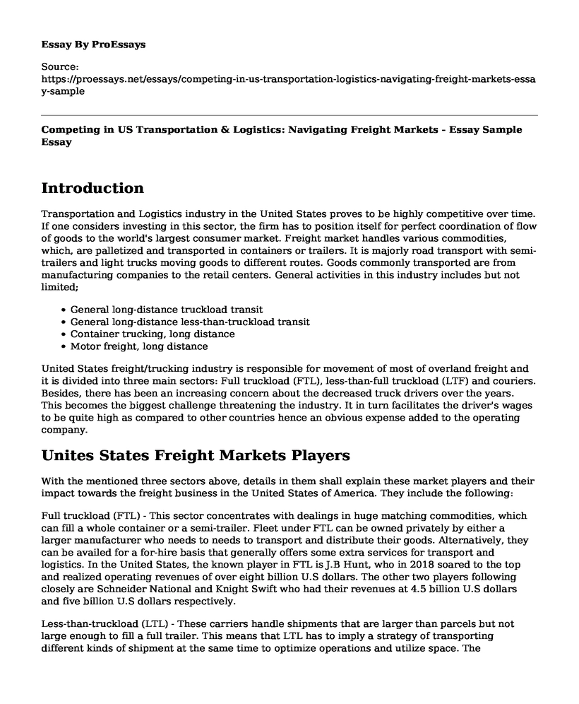 Competing in US Transportation & Logistics: Navigating Freight Markets - Essay Sample