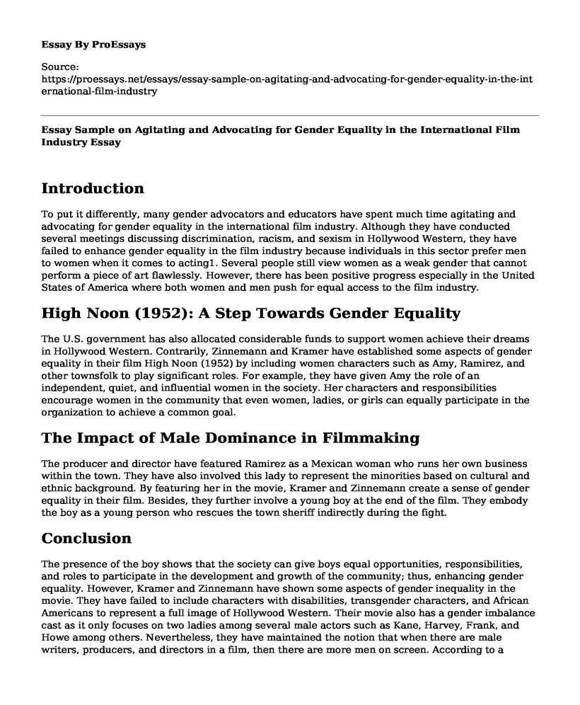 Essay Sample on Agitating and Advocating for Gender Equality in the International Film Industry