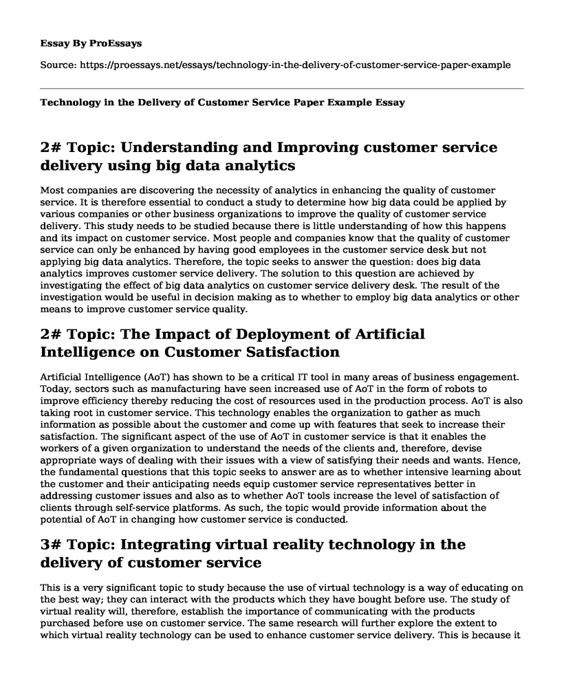 Technology in the Delivery of Customer Service Paper Example