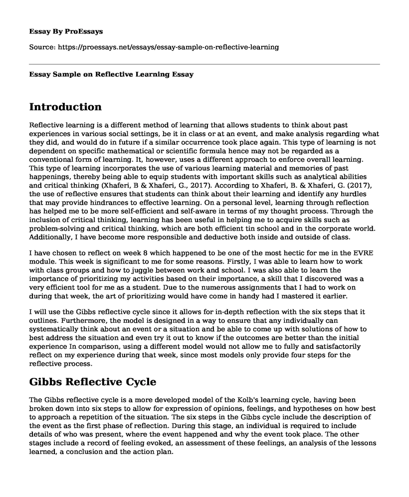 Essay Sample on Reflective Learning