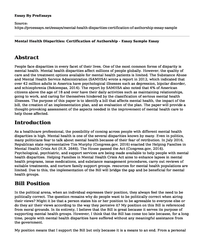 Mental Health Disparities: Certification of Authorship - Essay Sample