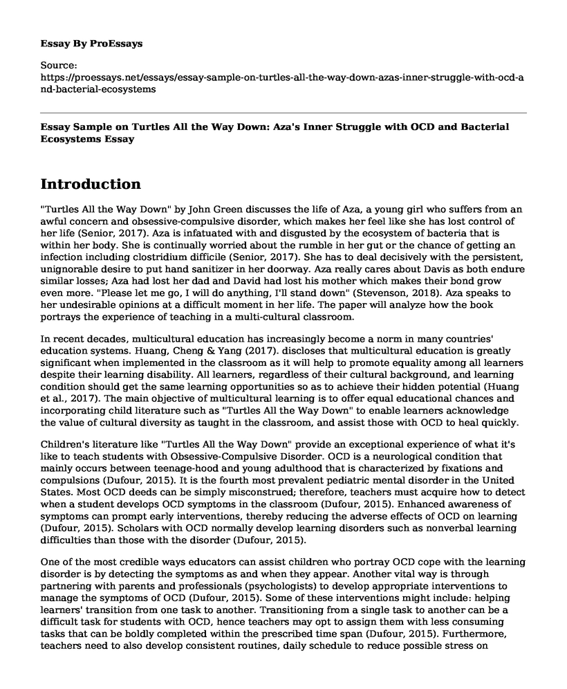 Essay Sample on Turtles All the Way Down: Aza's Inner Struggle with OCD and Bacterial Ecosystems