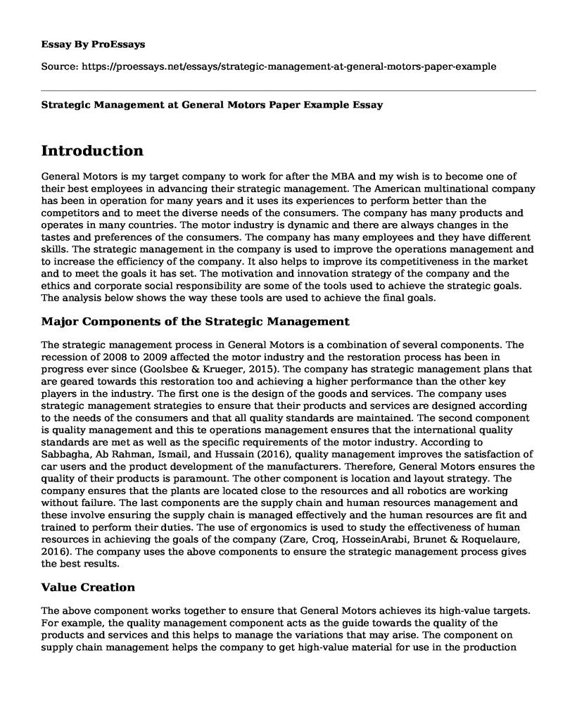 Strategic Management at General Motors Paper Example