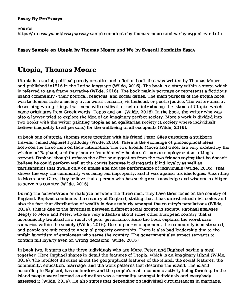 Essay Sample on Utopia by Thomas Moore and We by Evgenii Zamiatin