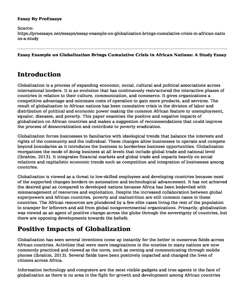 Essay Example on Globalization Brings Cumulative Crisis in African Nations: A Study