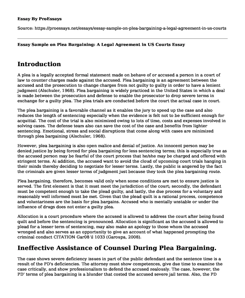 Essay Sample on Plea Bargaining: A Legal Agreement in US Courts