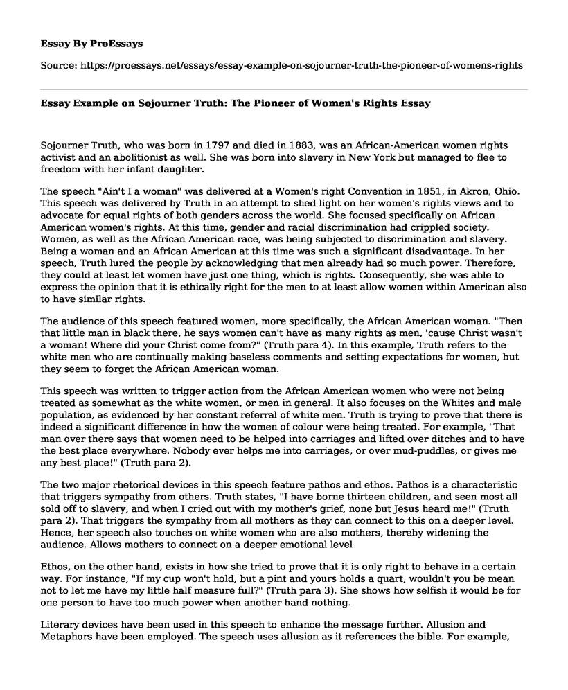 Essay Example on Sojourner Truth: The Pioneer of Women's Rights