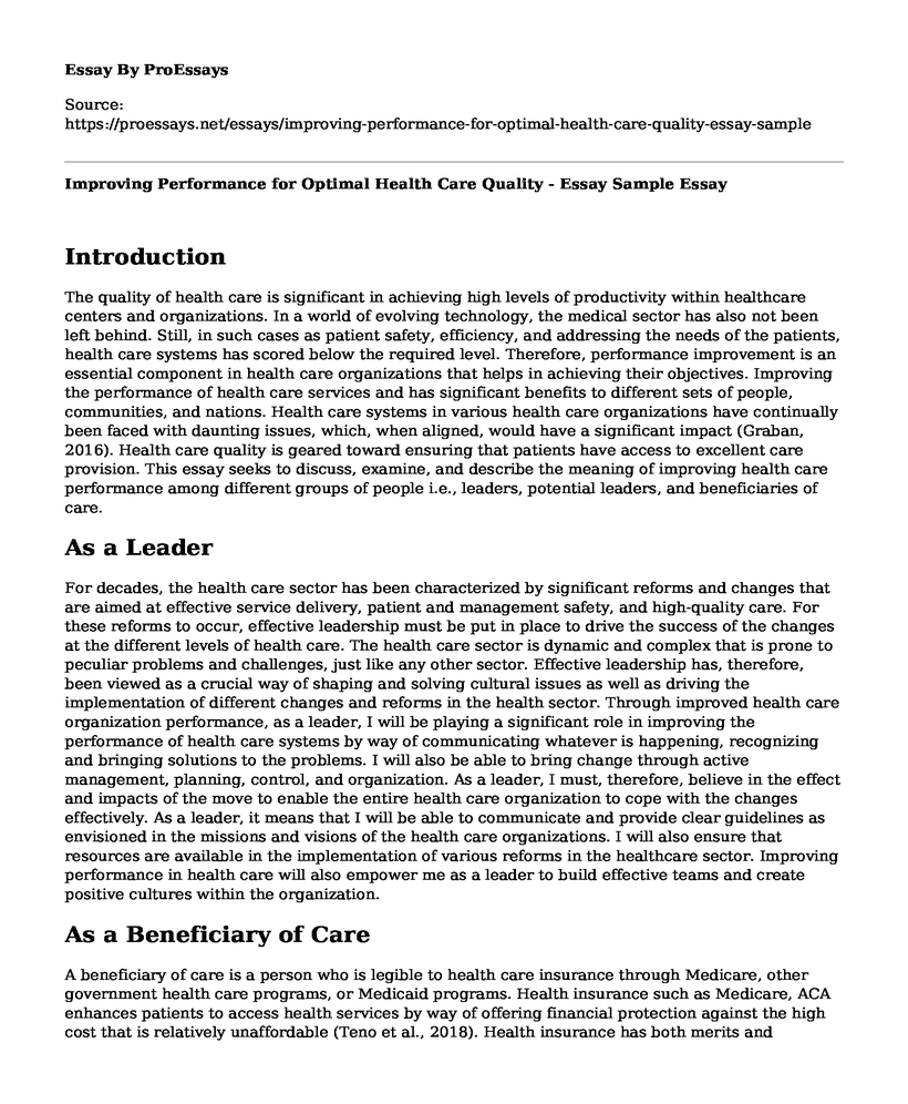 Improving Performance for Optimal Health Care Quality - Essay Sample