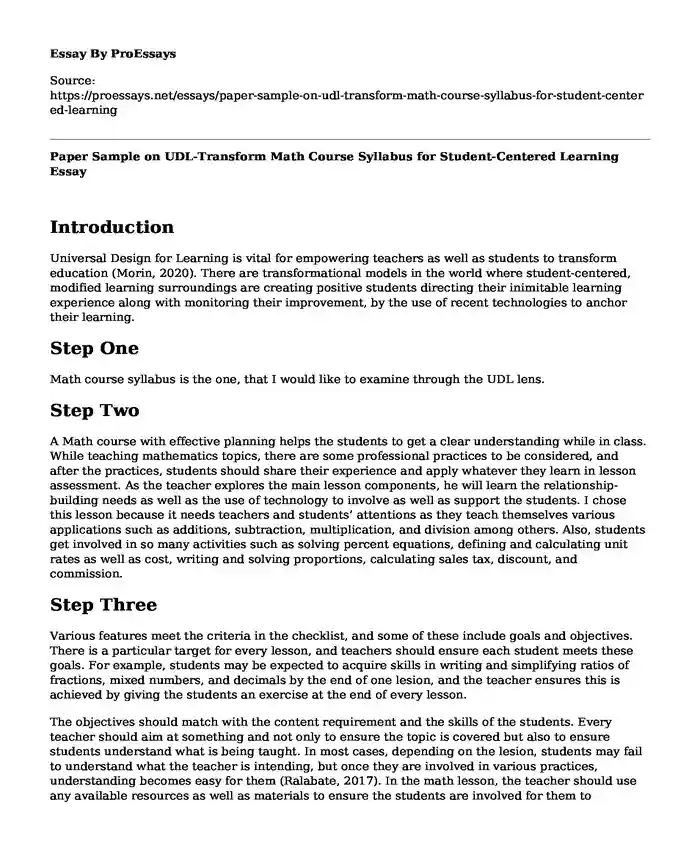 Paper Sample on UDL-Transform Math Course Syllabus for Student-Centered Learning
