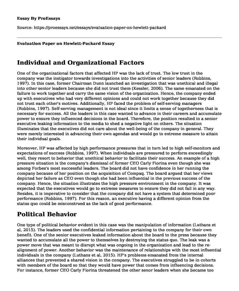 Evaluation Paper on Hewlett-Packard