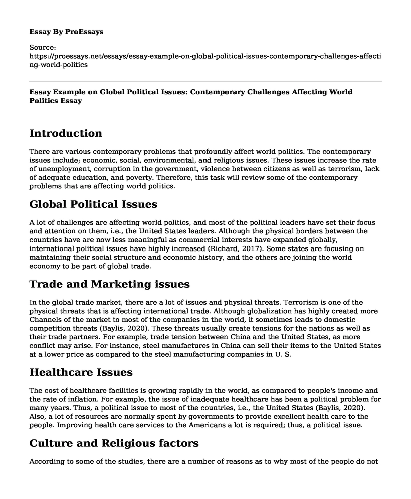 Essay Example on Global Political Issues: Contemporary Challenges Affecting World Politics