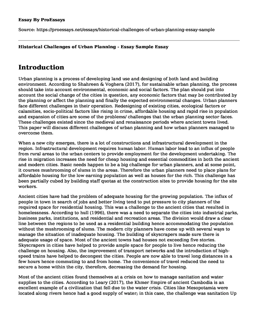 Historical Challenges of Urban Planning - Essay Sample