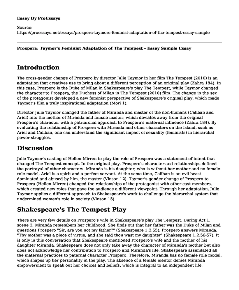 Prospera: Taymor's Feminist Adaptation of The Tempest - Essay Sample