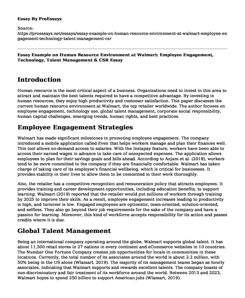 Essay Example on Human Resource Environment at Walmart: Employee Engagement, Technology, Talent Management & CSR