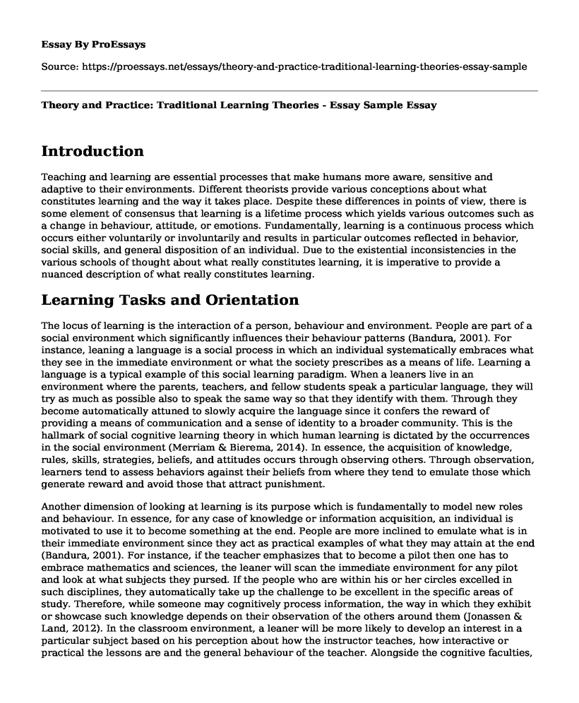 Theory and Practice: Traditional Learning Theories - Essay Sample 