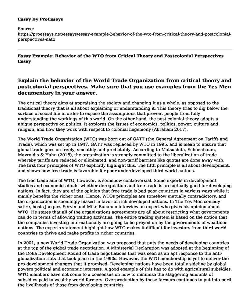 Essay Example: Behavior of the WTO from Critical Theory and Postcolonial Perspectives