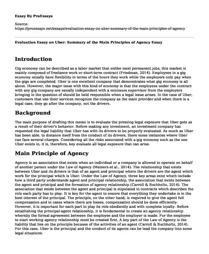 Evaluation Essay on Uber: Summary of the Main Principles of Agency