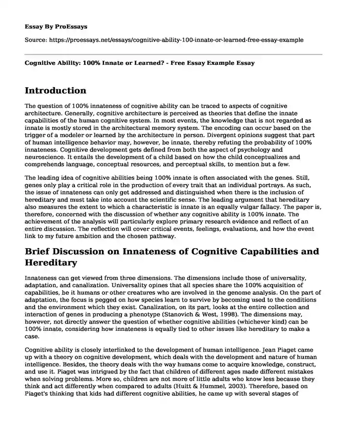 Cognitive Ability: 100% Innate or Learned? - Free Essay Example