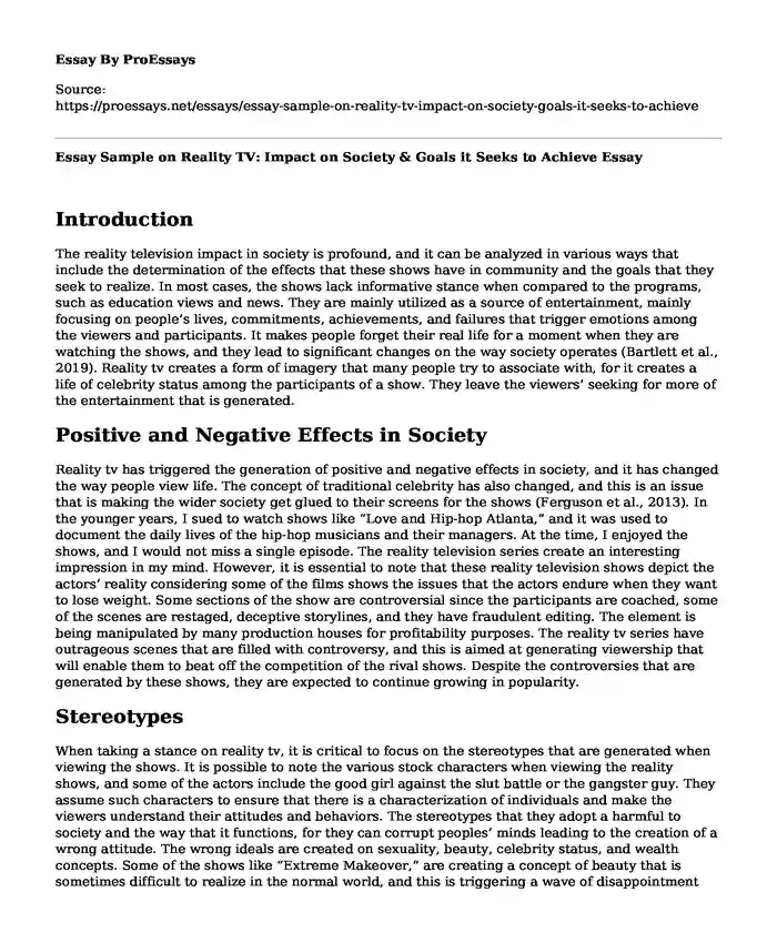 Essay Sample on Reality TV: Impact on Society & Goals it Seeks to Achieve
