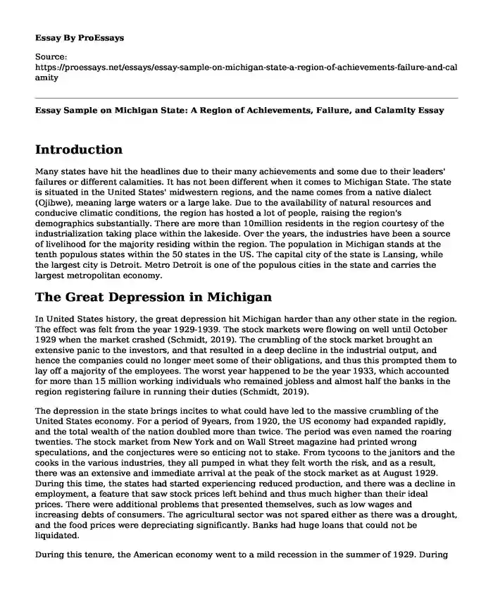 Essay Sample on Michigan State: A Region of Achievements, Failure, and Calamity