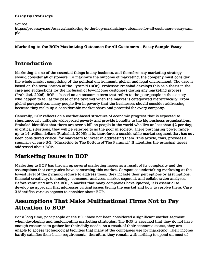 Marketing to the BOP: Maximizing Outcomes for All Customers - Essay Sample