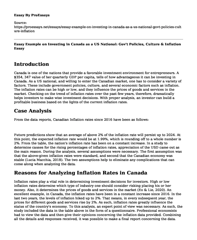 Essay Example on Investing in Canada as a US National: Gov't Policies, Culture & Inflation