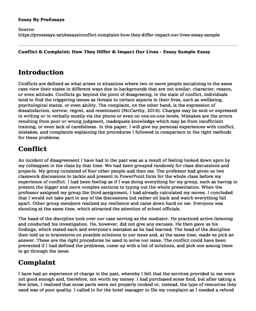 Conflict & Complaint: How They Differ & Impact Our Lives - Essay Sample