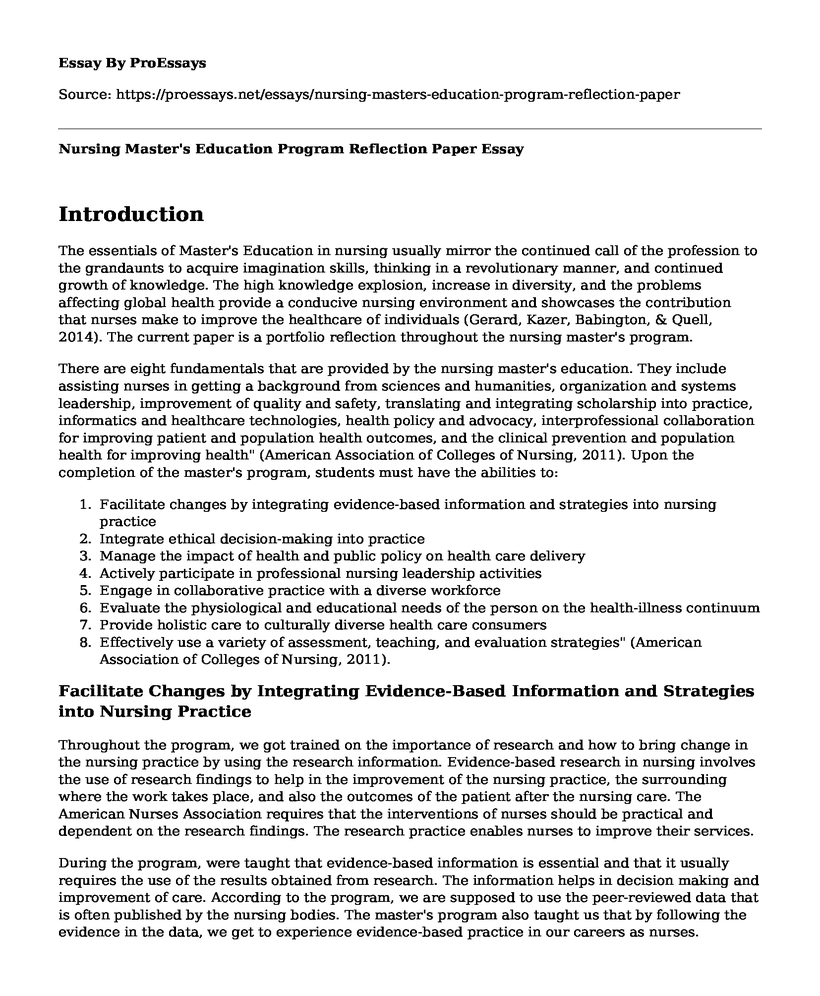 Nursing Master's Education Program Reflection Paper