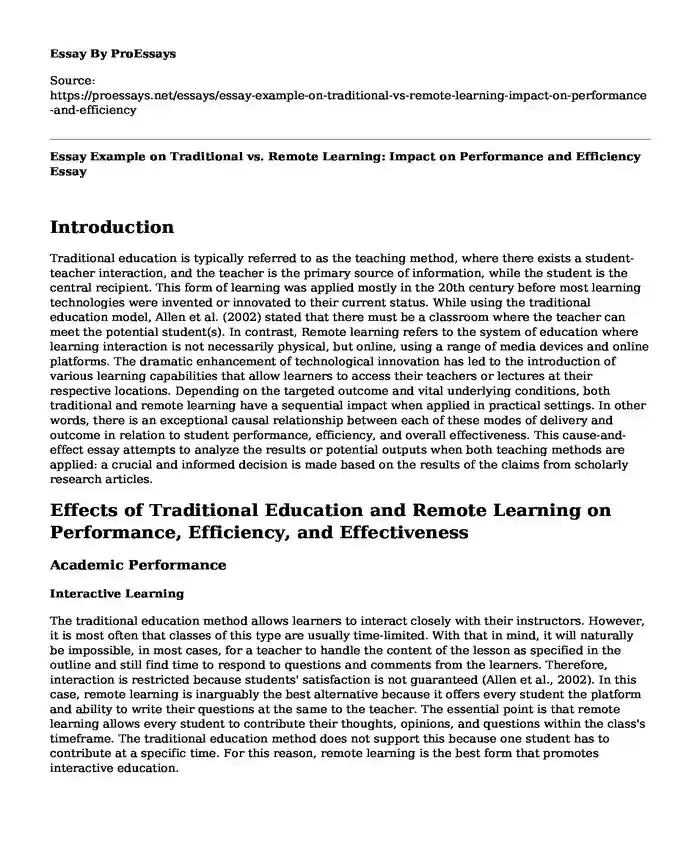 Essay Example on Traditional vs. Remote Learning: Impact on Performance and Efficiency