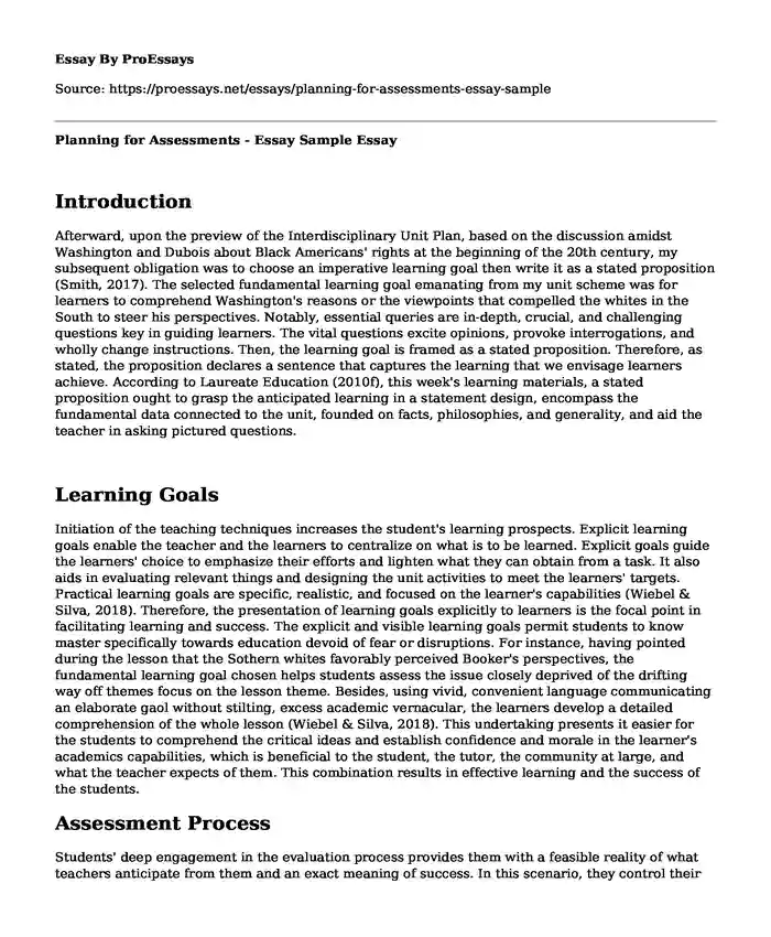 Planning for Assessments - Essay Sample