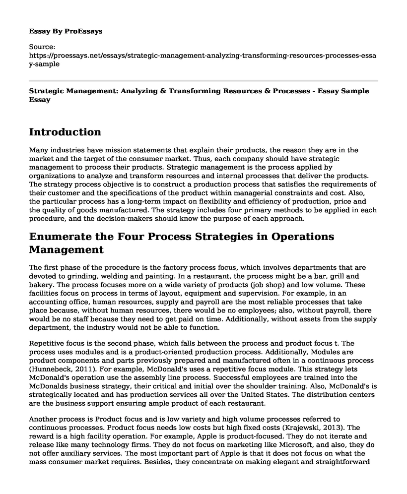 Strategic Management: Analyzing & Transforming Resources & Processes - Essay Sample