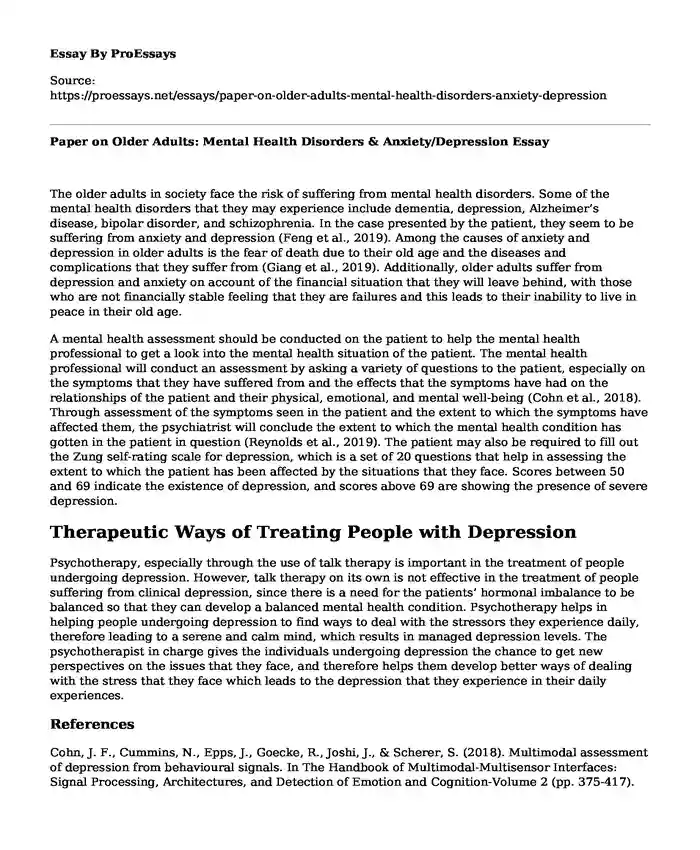 Paper on Older Adults: Mental Health Disorders & Anxiety/Depression