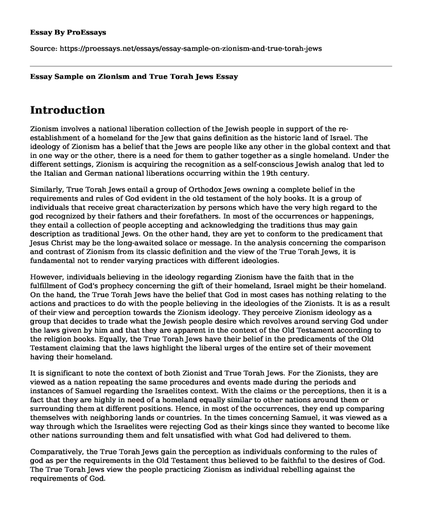 Essay Sample on Zionism and True Torah Jews