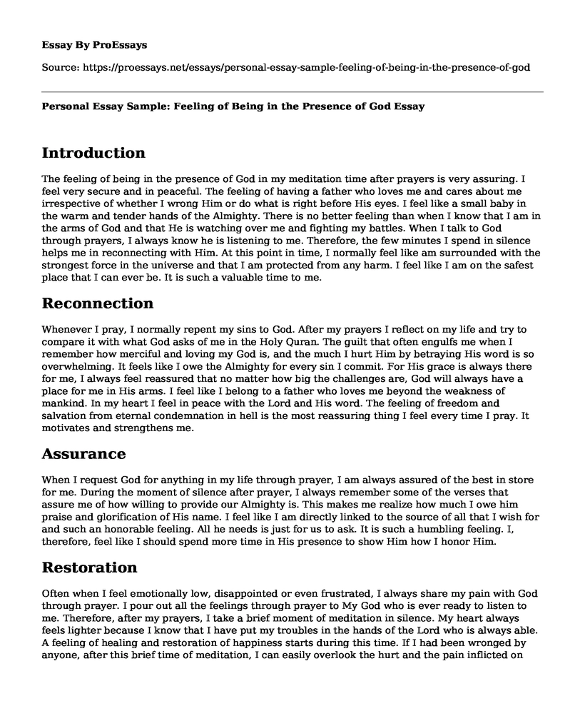 Personal Essay Sample: Feeling of Being in the Presence of God